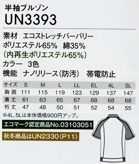 UN3393 半袖ブルゾンのサイズ画像