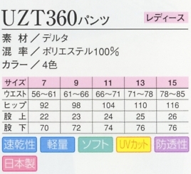 UZT360 レディスパンツのサイズ画像