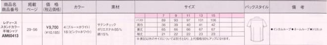 AM60413 女スタンドカラー半袖シャツのサイズ画像