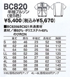 BC820 半袖ブルゾンのサイズ画像