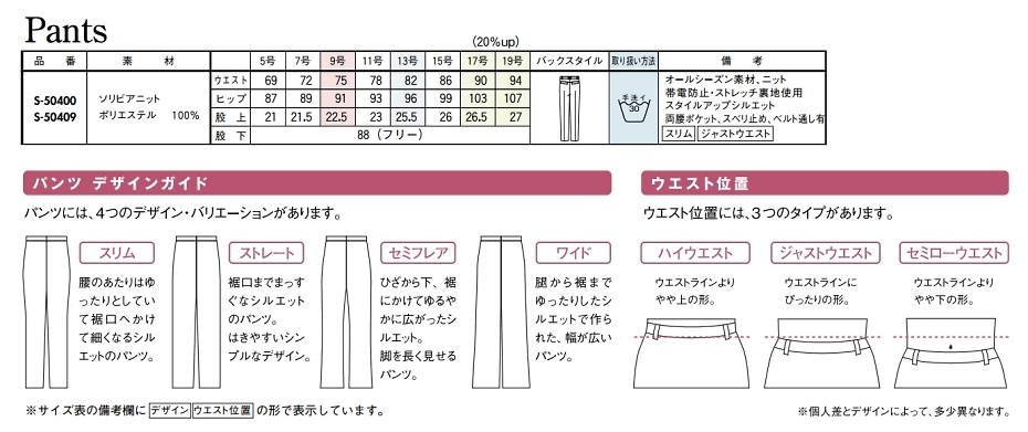 S50400 パンツのサイズ画像