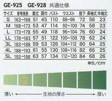 GE925 半袖ツナギのサイズ画像