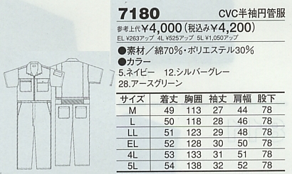 7180 CVC半袖円管服(ツナギ)のサイズ画像