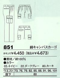 851 綿キャンパスカーゴのサイズ画像