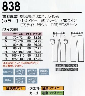 838 カーゴパンツのサイズ画像