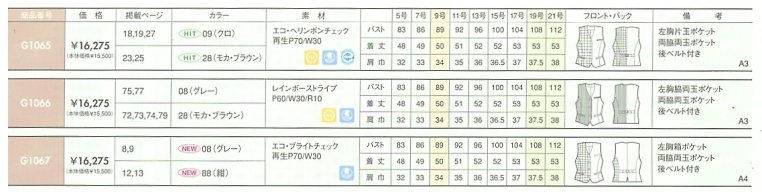 G1066 ベスト(事務服)のサイズ画像