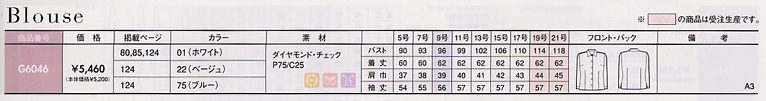 G6046 長袖ブラウスのサイズ画像