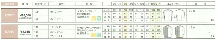 G7032 七分袖ブラウスのサイズ画像