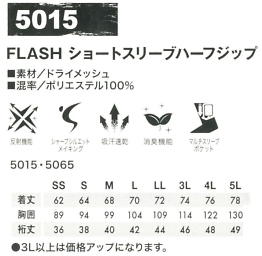 5015 ショートスリーブハーフジップのサイズ画像