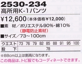 2530-234 高所用K1パンツのサイズ画像