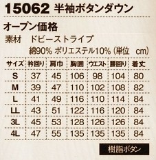 15062 ボタンダウン半袖シャツのサイズ画像