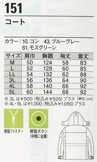 151 コート(防寒)のサイズ画像