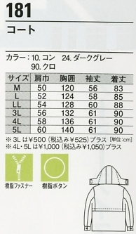 181 コート(防寒)のサイズ画像