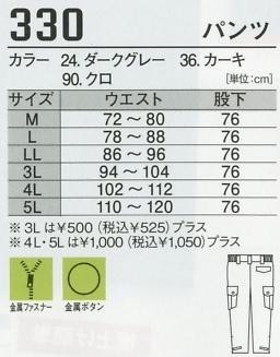 330 防寒ズボンのサイズ画像