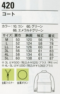 420 コート(防寒)のサイズ画像