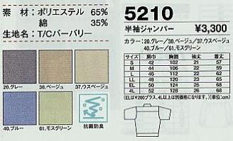 5210 半袖ジャパーのサイズ画像