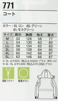 771 コート(防寒)のサイズ画像
