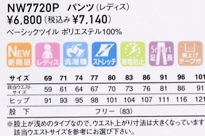 NW7720P パンツのサイズ画像