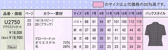 U2750 オーバーブラウス(17廃番)のサイズ画像