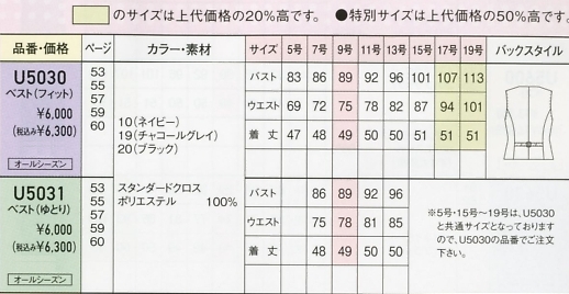 U5030 ベスト(事務服)(フィット)のサイズ画像