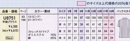 U8751 半袖ブラウス(13廃番)のサイズ画像