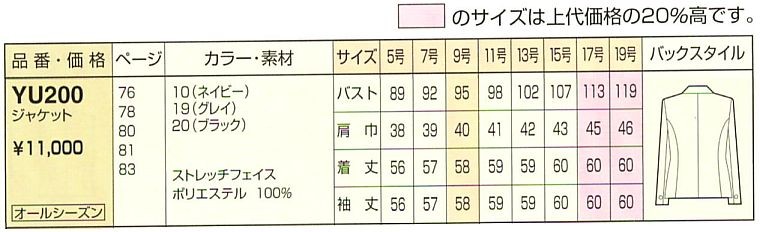 YU200 ジャケットのサイズ画像