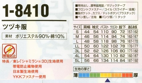 1-8410 ツヅキ服(ツナギ)のサイズ画像
