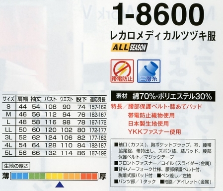 1-8600 レカロメディカルツヅキ服(16廃のサイズ画像