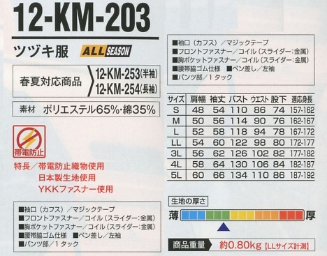 12-KM-203 ツヅキ服のサイズ画像