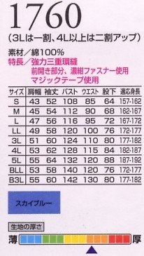 1760 ツヅキ服のサイズ画像