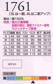 1761 ツヅキ服のサイズ画像