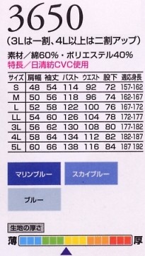 3650 ツヅキ服のサイズ画像