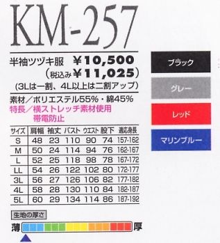 KM257 半袖ツヅキ服のサイズ画像