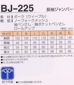 BJ225 長袖ジャンパーのサイズ画像
