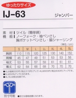 IJ63 ジャンパーのサイズ画像