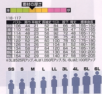 118 半袖ツナギ服のサイズ画像