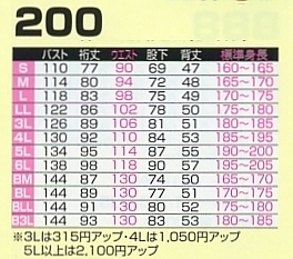 200 ツナギ服のサイズ画像
