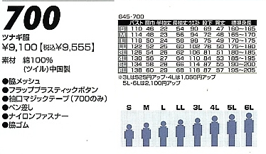 700 ツナギ服のサイズ画像