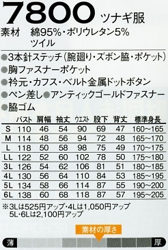 7800 ツナギ服のサイズ画像