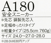 A180 安全スニーカーのサイズ画像