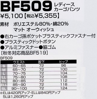 BF509 レディースカーゴパンツのサイズ画像