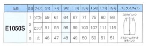 E1050S タイトスカート(ショート)(廃色)のサイズ画像