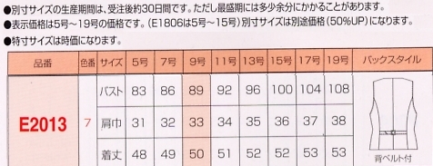 E2013 ベスト(事務服)のサイズ画像